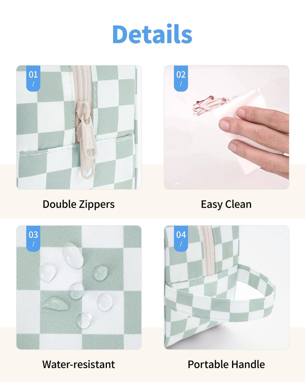 Narwey Clear Toiletry Bags for Traveling Women Men, Clear Travel Bags for Toiletries Makeup Bag Cosmetic Bag with Zipper, Make Up Organizer, Skincare Bag (Mint Green Checkerboard)