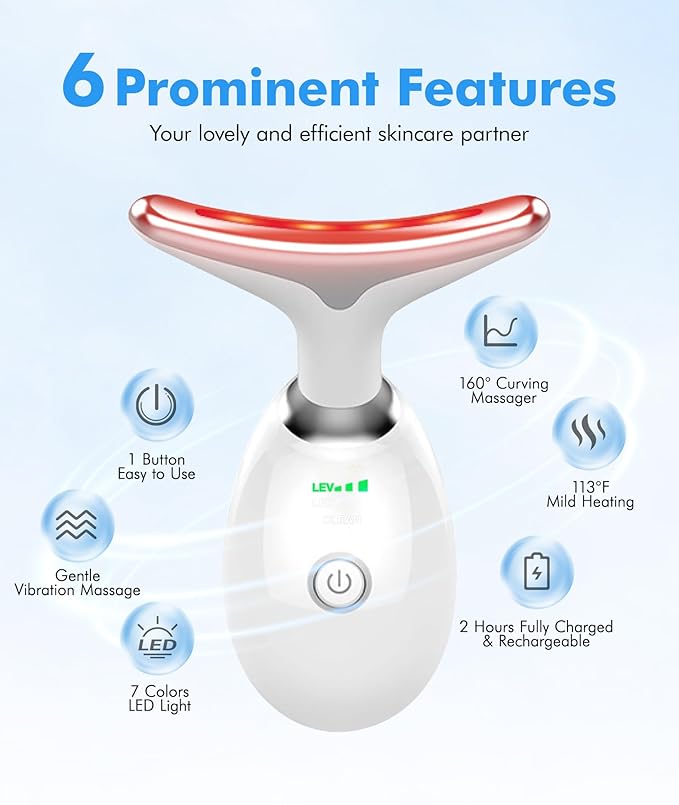 SDKWDH Red Light Therapy for Face and Neck, 7 Color Face Massager Tool for Wrinkles, Double Chin, Vibrating Facial Massager with Thermals for Skin Care, Gifts for Women Men, Glossy White