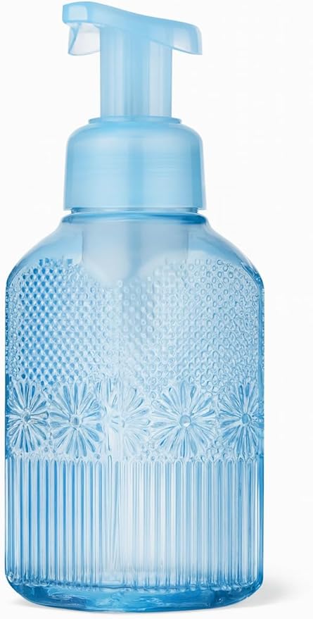 Bath & Body Works Blue Floral Gentle & Clean Foaming Hand Soap Dispenser, Refillable Embossed Glass Holder with Durable Pump for Bathroom or Kitchen