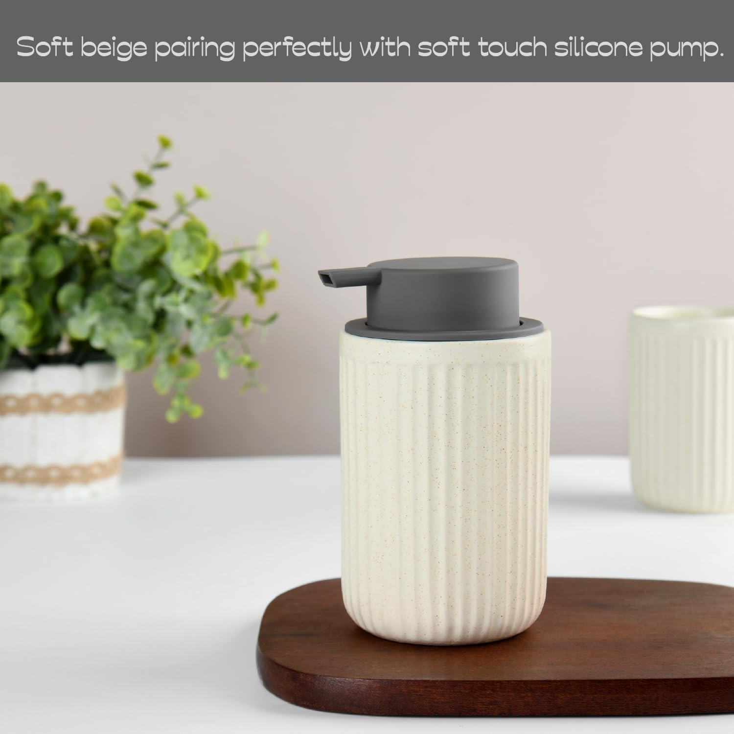 ABBI NIMO Beige Ceramic Foaming Soap Dispenser, Speckled Rippled 12 oz Bottle with Gray Silicone Pump, Foam Dispenser for Kitchen or Bathroom, Speckled Beige