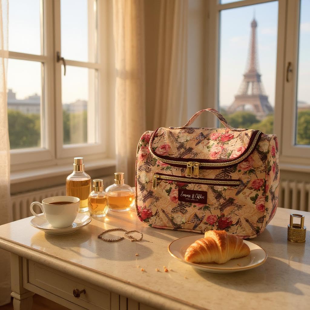 Emma & Chloe Large Cosmetic Case Makeup Organizer, Toiletry Bag for Women | 4 Section Waterproof Travel Make Up Organizing Bags (Pretty in Paris)