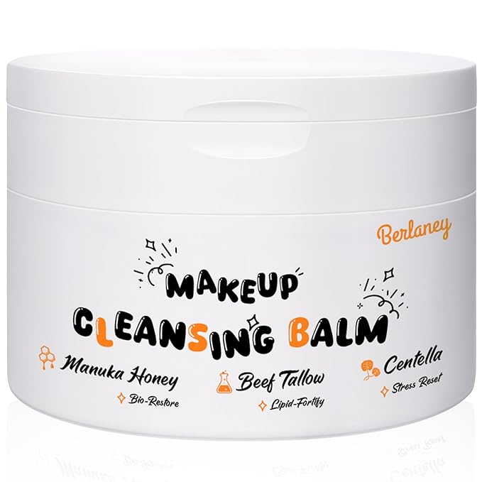 Berlaney Cleansing Makeup Remover Balm, One-Step Remove Melts Makeup Balm to Oil, Gently Removes Waterproof Makeup With Manuka Honey, Cica & Tallow, for All Skin Types, 1.76 oz