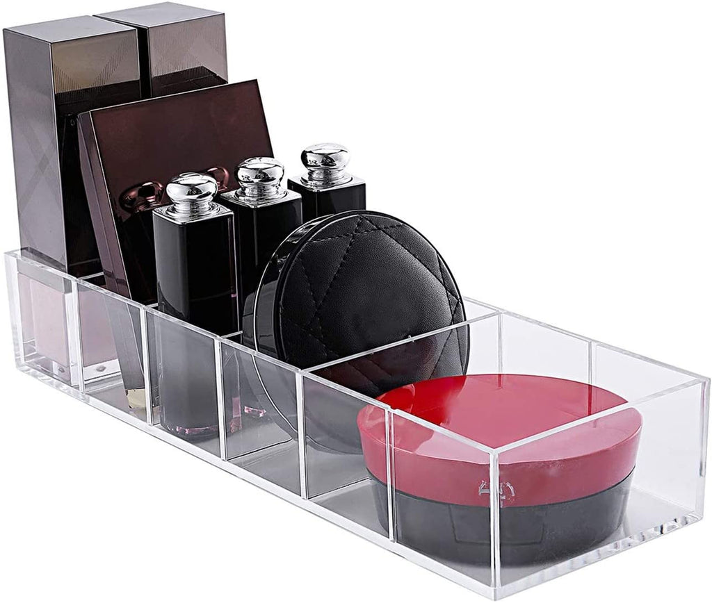 KW Collection Acrylic Makeup Organizer Cosmetic Storage Makeup Display Case Lipstick Holder Dispenser Adjustable Canister Bathroom Container (10 x 3.4 x 1.9 inches, 6 Partitions, Transparent)