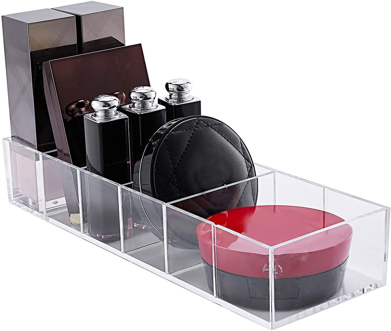 KW Collection Acrylic Makeup Organizer Cosmetic Storage Makeup Display Case Lipstick Holder Dispenser Adjustable Canister Bathroom Container (10 x 3.4 x 1.9 inches, 6 Partitions, Transparent)