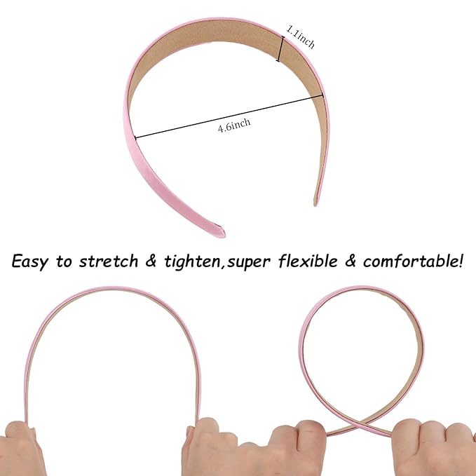 Wecoe 10 Pack Pink Headbands 1 Inch Wide Satin Headbands Women Non Slip Fashion Plain Head Bands Solid Hair Bands DIY Valentine's Day Hair Accessories for Women Girls Diademas Para Mujer