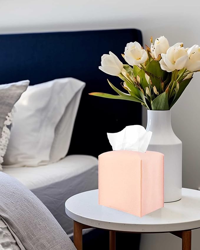 Pink Tissue Box Cover Leather – with Bottom Belt [JESMINI] Decorative Modern PU Leather Tissue Box Holder for Bathroom Vanity/Night Stands/Office