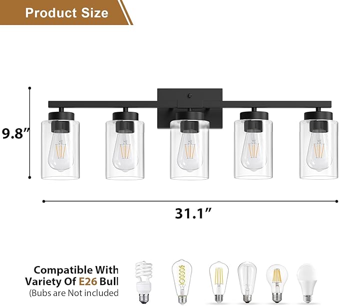 IZORRO Modern Bathroom Light Fixtures, 5 Light Black Vanity Lights, Bathroom Lighting Fixtures Over Mirror with Clear Glass for Living Room Cabinet Bedroom