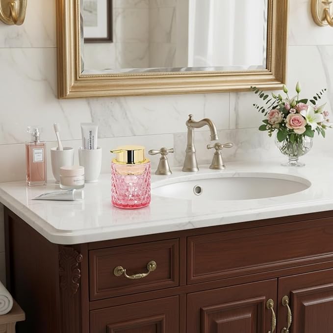 Fvstar 10 Oz Glass Hand Soap Dispenser with Pump, Refillable Bathroom Gold Foaming Soap Dispenser, Vintage Glass Diamond Lotion Container Bottle for Bathroom and Kitchen (1, Pink and Gold)
