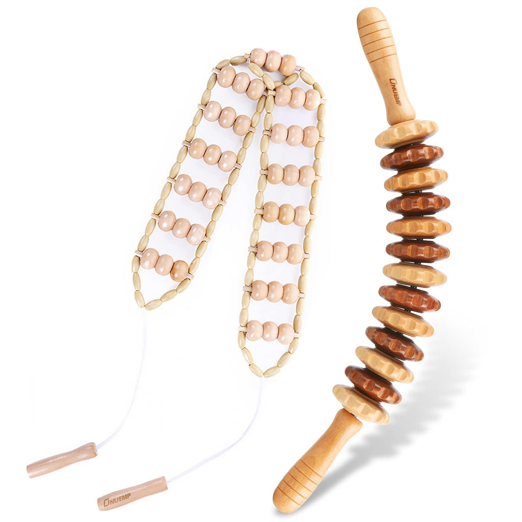 ONUEMP 2PCS Wood Therapy Massage Tools, Wooden Massage Roller Stick & Back Massager Roller Rope, Maderoterapia Kit Colombiana for Lymphatic Drainage, Anti Cellulite, Body Sculpting, Ease Deep Tissue