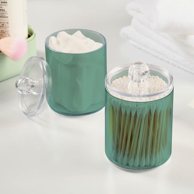 Teal Green Retro Qtip Holder Organizer Dispenser Cotton Swabs Cans Plastic Jars with Lid Set 2 Pack Bathroom Storage Canister for Cotton Ball Floss Cotton Pads