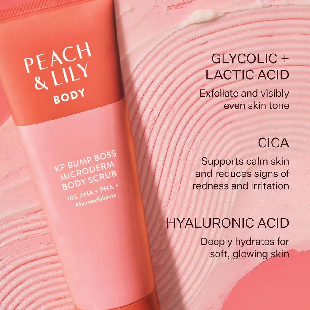 Peach & Lily - KP Bump Boss Microderm Body Scrub (8.11 oz) - 10% AHA + PHA - Microexfoliants - Hyaluronic Acid, Cica, Tea Tree, Squalane, & Cucumber - Self Care - Vegan & Cruelty Free - Korean Beauty
