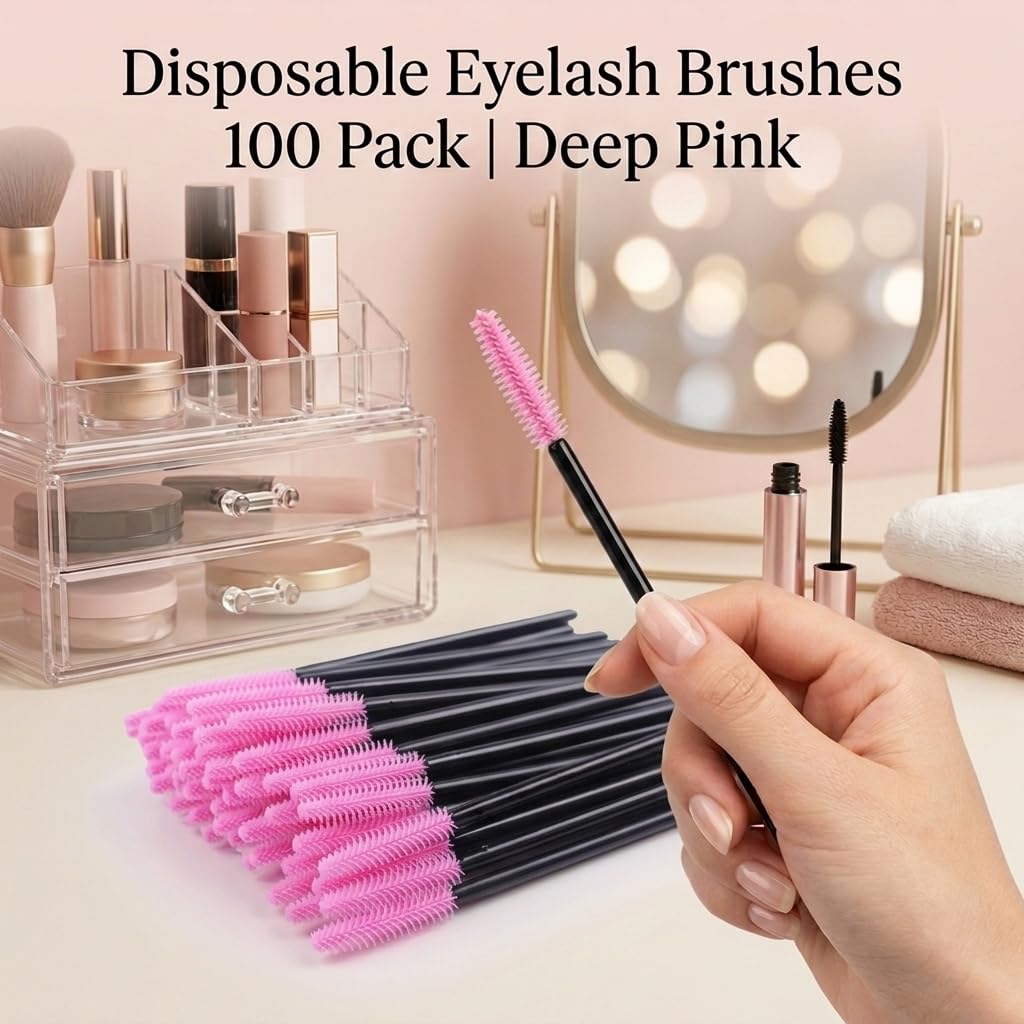 BIHRTC Pack of 100 One-Off Disposable Silicone Eyelash Mascara Brushes Wands Applicator Eyebrow Brush Makeup Tool Set Deep Pink for Makeup Salon and Travel Beauty Kits