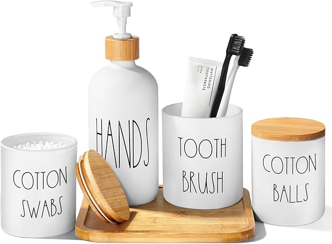 ALPIRIRAL White Bathroom Accessories, 5 Pcs Glass Bathroom Accessory Set with Bamboo Tray, Soap Dispenser and Toothbrush Holder Set, Qtip and Cotton Ball Holder, Farmhouse Boho Bathroom Set Complete