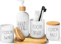 ALPIRIRAL White Bathroom Accessories, 5 Pcs Glass Bathroom Accessory Set with Bamboo Tray, Soap Dispenser and Toothbrush Holder Set, Qtip and Cotton Ball Holder, Farmhouse Boho Bathroom Set Complete