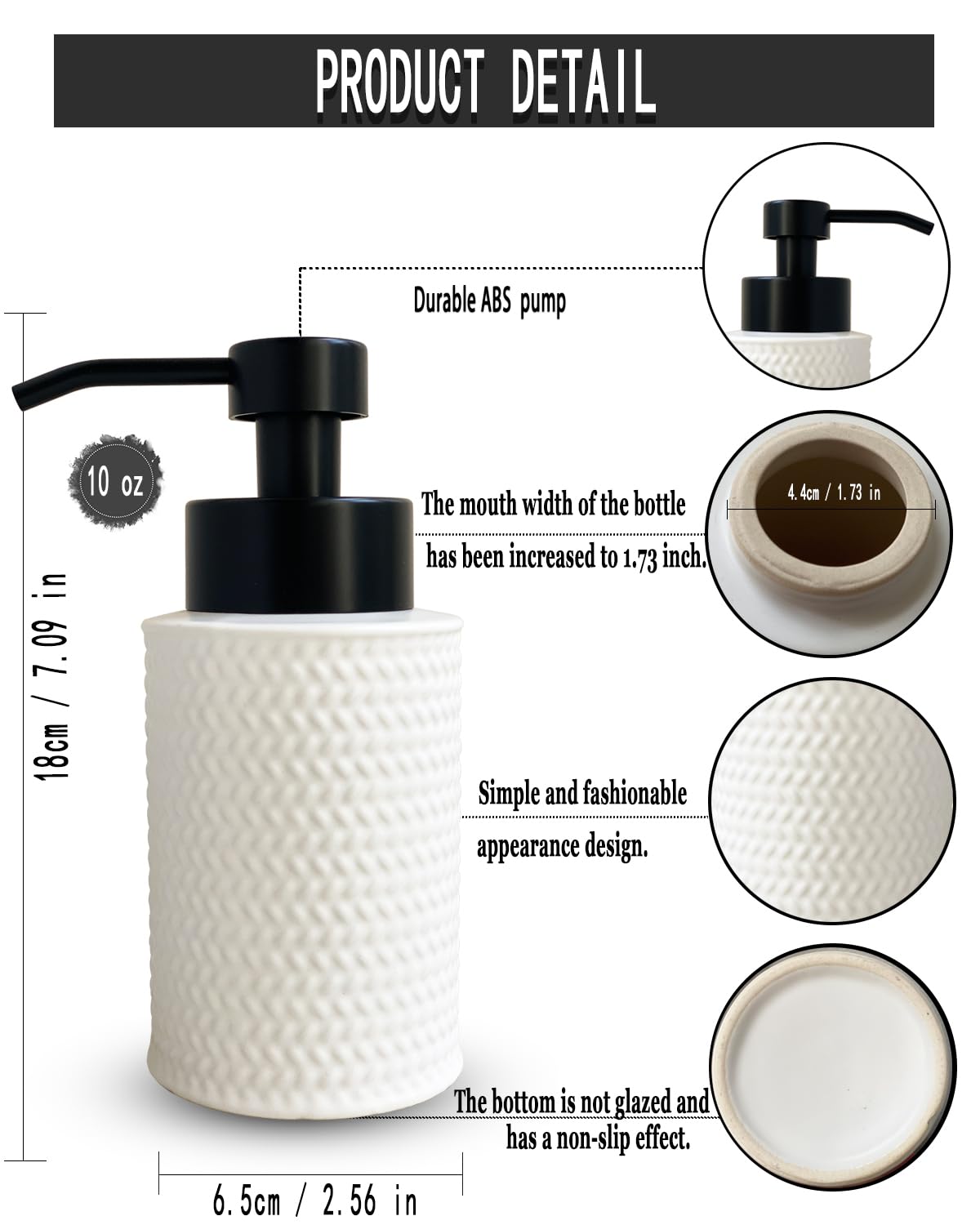 10 Oz Foaming Soap Dispenser for Bathroom,Kitchen Foam Soap Dispenser,Refillable Modern Foam Pump Bottle,Black Ceramic Foaming Hand Pump Dispenser (White Weave)