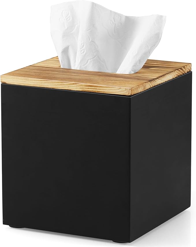 GCWSTJK Black Tissue Box Cover Square - Wooden Tissue Box Holder - Decorative Cube Facial Tissue Dispenser for Vanity Toilet Tank Dresser Nights Stand Kitchen Table Office Countertop