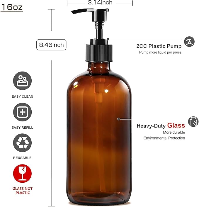 BPFY 4 Pack 16 oz Amber Glass Bottles with Pumps for Shampoo, Essential Oils, Cleaning Products, Lotions, Aromatherapy Oil, Pump Bottles, Refillable Containers with Cap, 8 Chalk Labels, 1 Pen