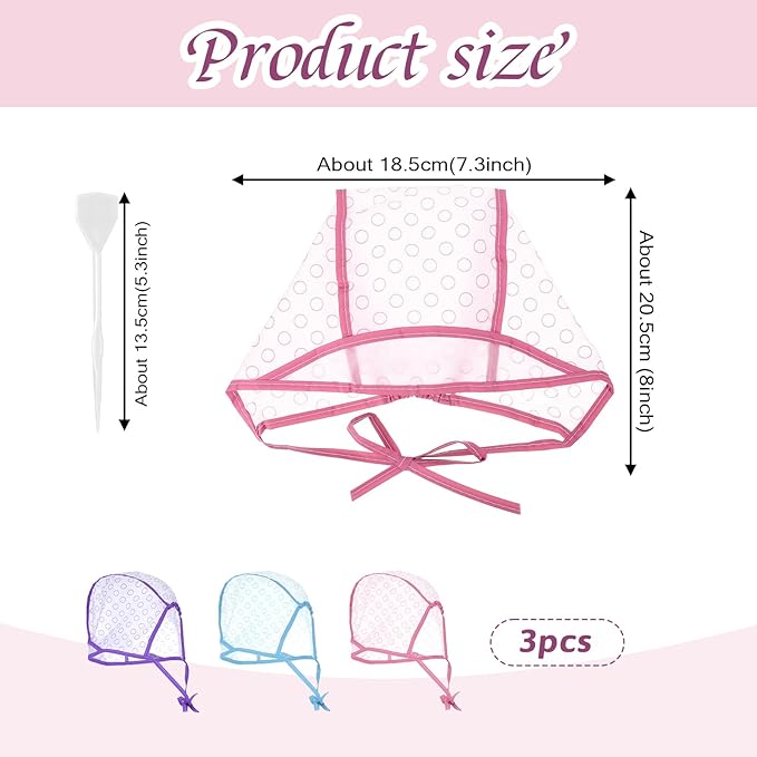 3PCS Highlight Cap With 3 Plastic Crochet Hooks Hair Highlighting Caps Highlighting Kit for Hair Coloring Salon Dyeing Bleach Salon and DIY Hairdressing Supplies(Pink Purple Blue)