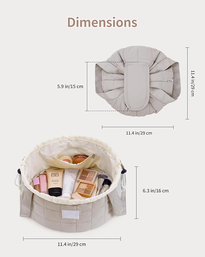 Narwey Lay Flat Open Drawstring Makeup Bag, Large Quilted Cosmetic Bag for Women Girls, Cute Make up Bags with Handle, Portable Travel Toiletry Bag for Skincare, Brushes & Travel Essentials (Khaki)