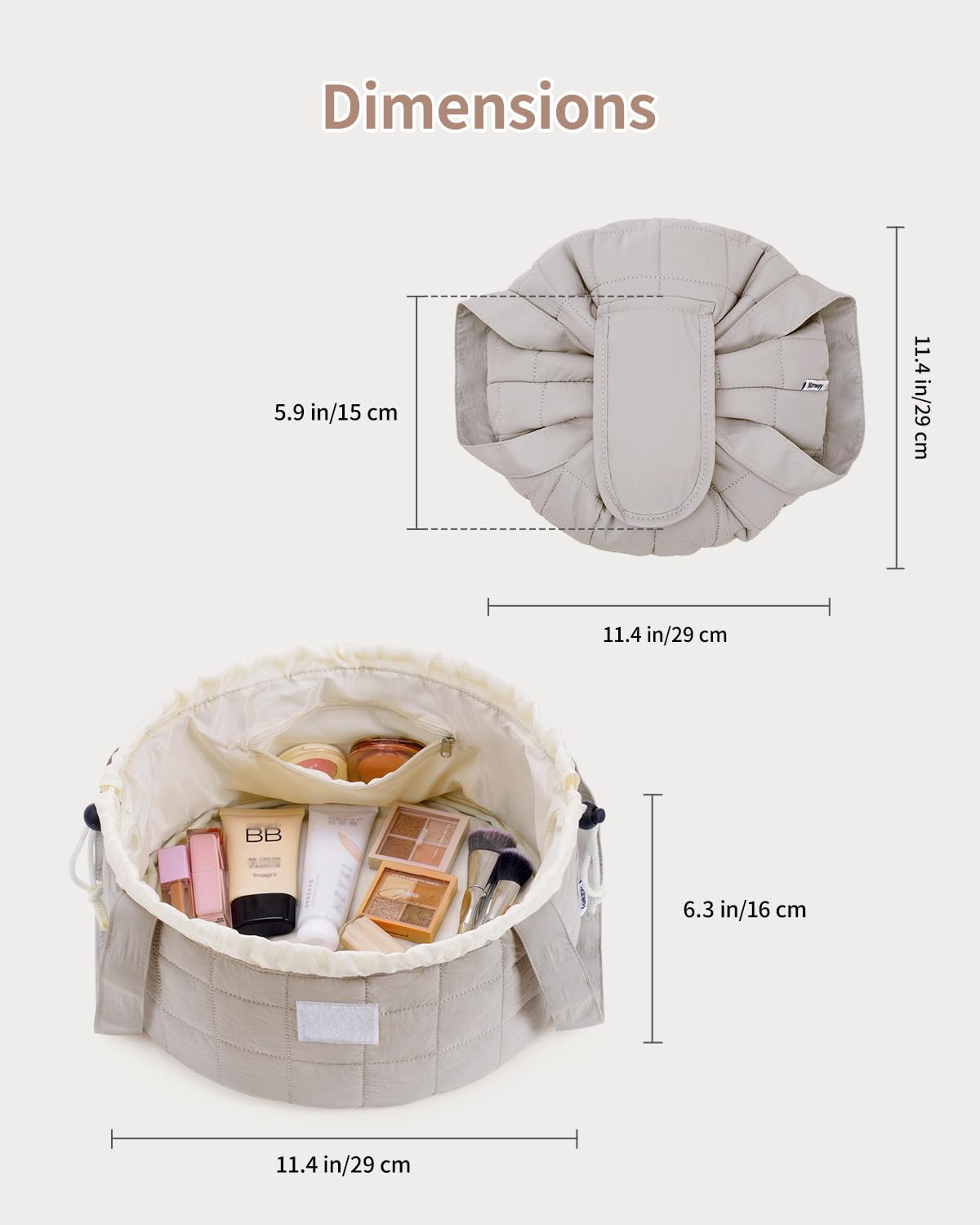 Narwey Lay Flat Open Drawstring Makeup Bag, Large Quilted Cosmetic Bag for Women Girls, Cute Make up Bags with Handle, Portable Travel Toiletry Bag for Skincare, Brushes & Travel Essentials (Khaki)