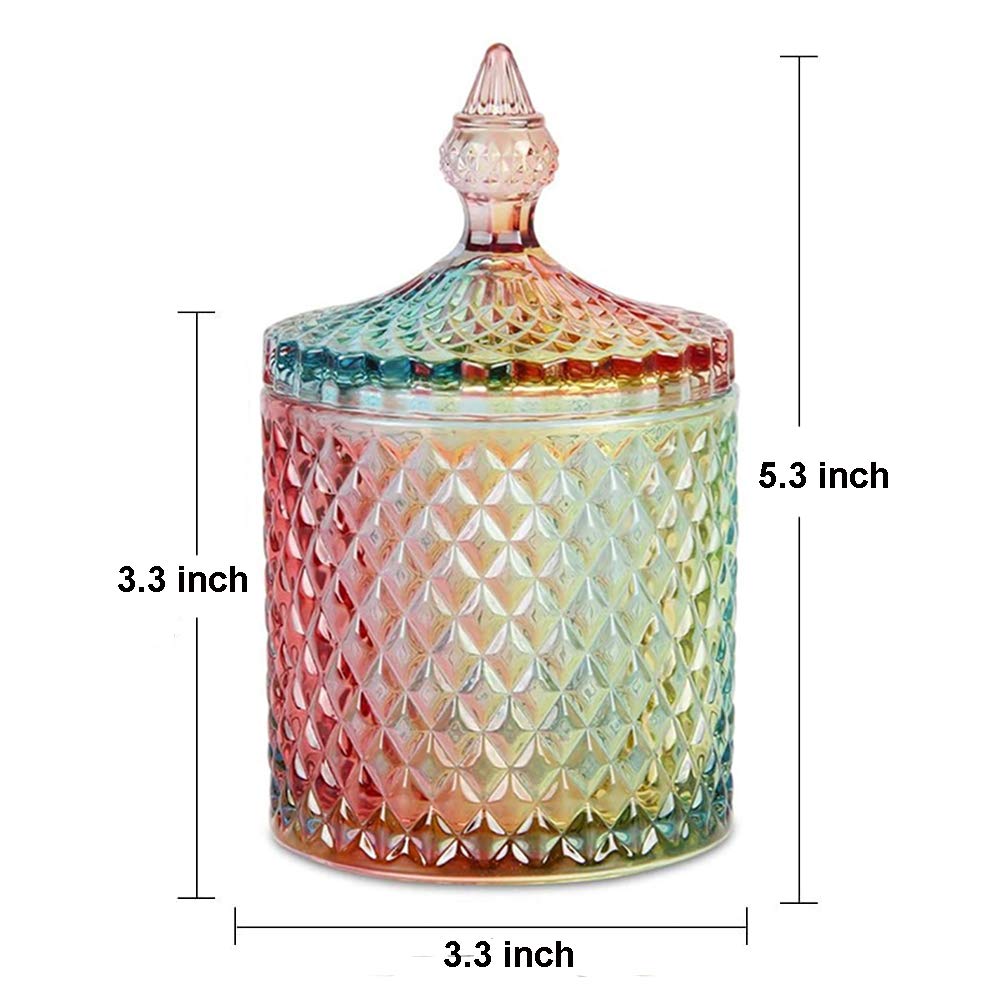 CLOVERHOME Colorful Home Decorative Jar Qtips Holder Dispenser Glass Storage Container Bathroom Counter Vanity Organizer for Bath Salts/Swabs/Rounds Makeup Sponges Toothpick Jewelry(Rainbow, 10 oz)