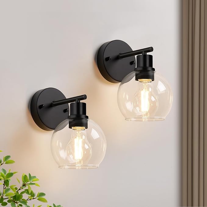 Set of 2 Black Modern Bathroom Wall Sconces, Clear Glass Vanity Lights with E26 Socket, Up & Down Reversible Bathroom Light Fixtures for Mirror, Bedroom, Hallway, Living Room