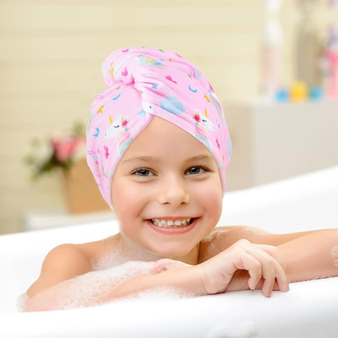 2 Pack Kids Microfiber Hair Drying Towel Wrap - Unicorn Hair Drying Turban for Girls & Women - Rapid Drying