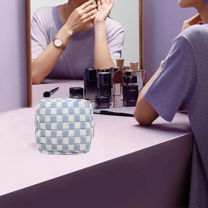2 Pieces Makeup Bag Set, Small Blue Checkered Cosmetic Bag Travel Toiletry Organizer Mini Cosmetic Pouch Case Makeup Brushes Cute Quilted Aesthetic Accessories Storage Bag for Women