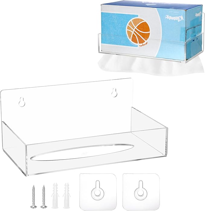 Acrylic Tissue Holder Wall Mounted, Clear Tissue Dispenser with Self Adhesive Hook and Screws, Classic Tissue Box Cover Tissues Organizer for Bathroom Toilet Kitchen Cabinet RV (Rectangular)