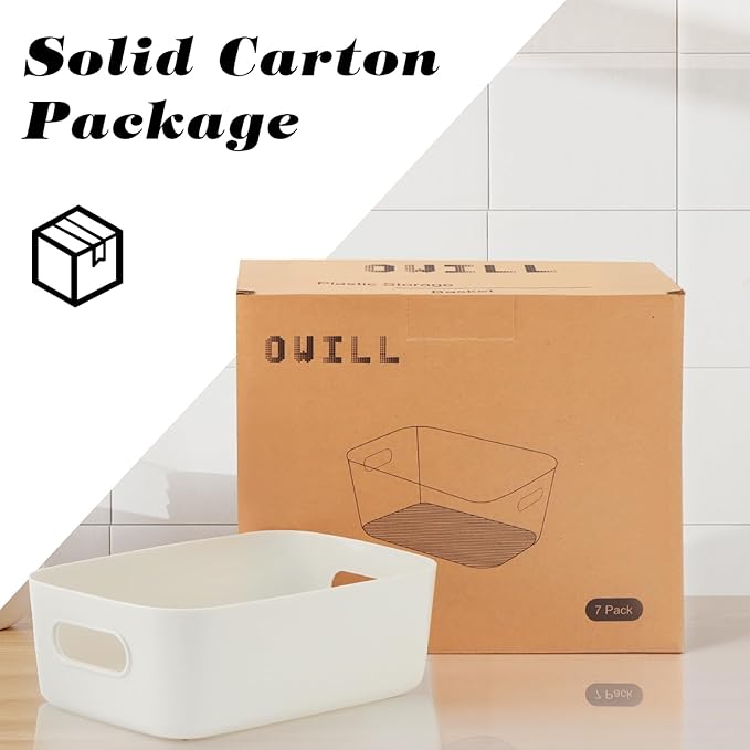 OWill 7 Pack Plastic Storage Bins, 4.2L Small Organizer Baskets with Handles, Pantry Cabinet Bathroom Classroom Storage Containers, Colorful Shelf Bins for Home Kitchen Closet Organization