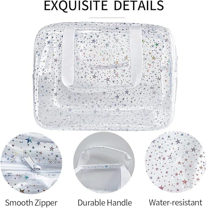 TotePrint Holographic Star Transparent PVC Cosmetic Bag Clear Makeup Toiletry Carry Pouch Clear Travel Pouch Storage Bag for Vacation Bathroom and Organizing
