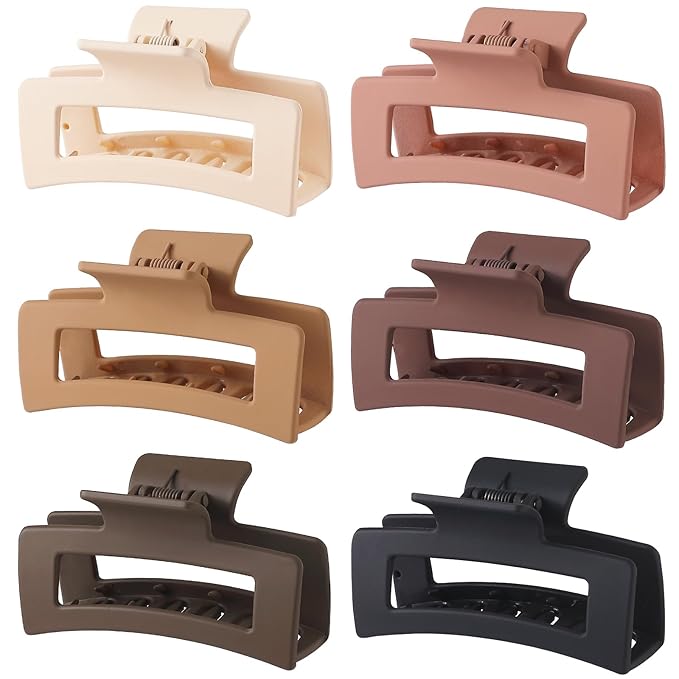 Sisiaipu Hair Clip, 3.5 Inch Medium Square Claw Clips Rectangle Clips 6 Pack Rubber Paint Acrylic Plastic Metal, Non-Slip Design for Women Girls - Coffee