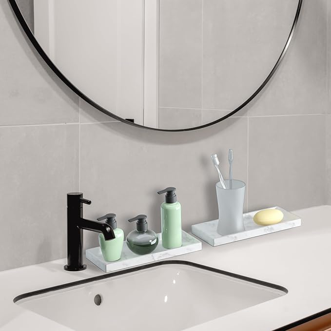 BiSUAN 2 Packs Silicone Bathroom Vanity Tray Large 11.8" ＆ Large 11.8" Set - Rectangle Shatterproof Flexible Bathroom Tray for Soap Dispenser, Tissues, Candles, Towel, Plant, Perfume Key