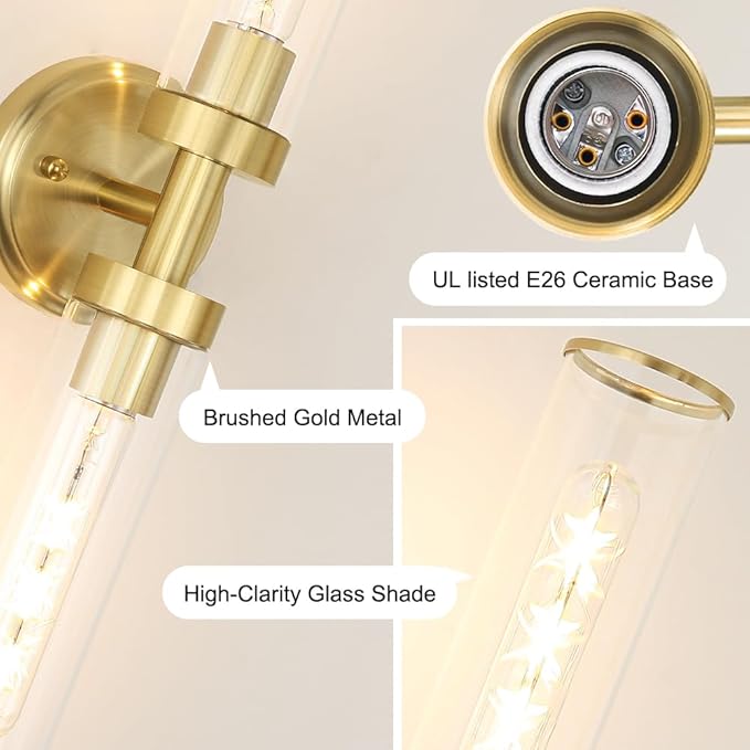 Antique Gold Wall Sconces Set of 2, Modern Bathroom Vanity Lights for Mirror, Hardwired Glass Wall Light Fixtures with E26 Base (Bulbs Required) for Bathroom, Bedroom, Hallway, 22.05 Inch