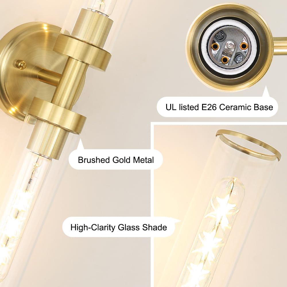 OIYIO Antique Gold Wall Sconces Set of 2, Modern Bathroom Vanity Lights for Mirror, Hardwired Glass Wall Light Fixtures with E26 Base (Bulbs Required) for Bathroom, Bedroom, Hallway, 22.05 Inch