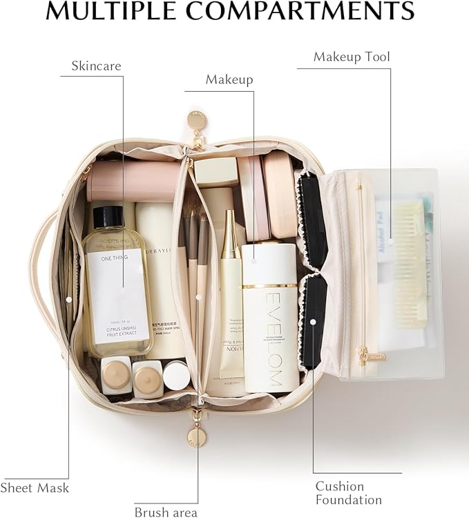 EACHY Travel Makeup Bag, 2.0 Cosmetic Bag for Women, Waterproof PU Leather,Flat Open Portable Toiletry Bag for Skincare, Brushes & Travel Essentials