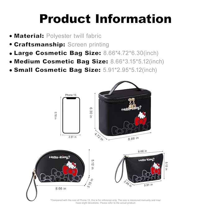 Vimanllie Travel Makeup Bag Large Cosmetic Bags with Brush Holder,Black Waterproof 3PCS Portable Cosmetic Case for Women,Toiletry Bag for Skincare&Beauty Tools for Her