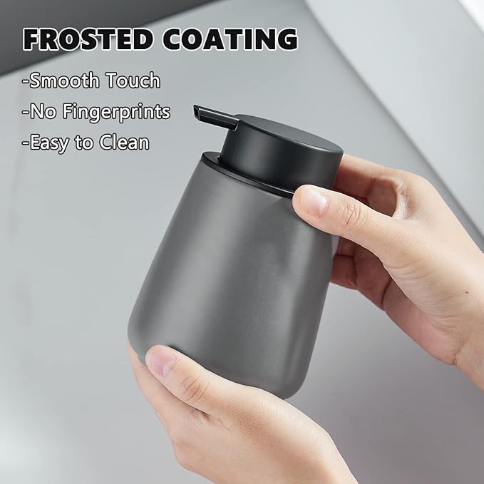 12Oz Hand Soap Dispenser Set - 2 Pack Ceramic Lotion Soap Dispenser Set with Easy-to-Press Black Pump, Refillable Mordern Liquid Dish Soap Dispensers for Bathroom & Kitchen (Grey, Liquid Pump)