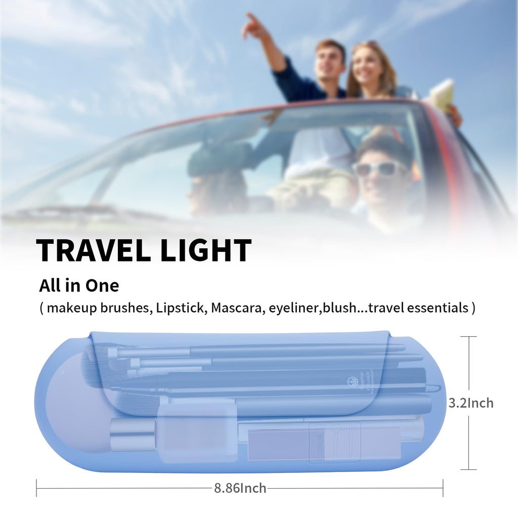 AGIKET Silicone Makeup Brush Holder Travel Cosmetic Bag：Soft Portable Cosmetic Face Brushes Holder with Upgrade Anti-Fall Out Magnetic Closure, Large Travel Makeup Brush Case - Blue