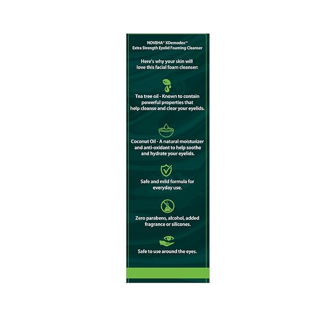 NOVEHA Extra Strength Tea Tree Eyelid & Face Foaming Cleanser – Daily Cleansing Foam with Tea Tree Oil, Coconut Oil, Vitamin E & Pro-Vitamin B5 – For Eyelids, Lashes & Face – 3.38 fl oz (100ml)
