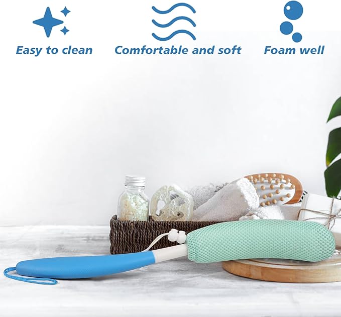 KkaFFe 15.35" Back Bath Brush with Sponge,Back Scrubber Bath Mesh with Anti-Slip Curved Long Handle Bath Body Brush for Elderly Aid Bathing and Shower