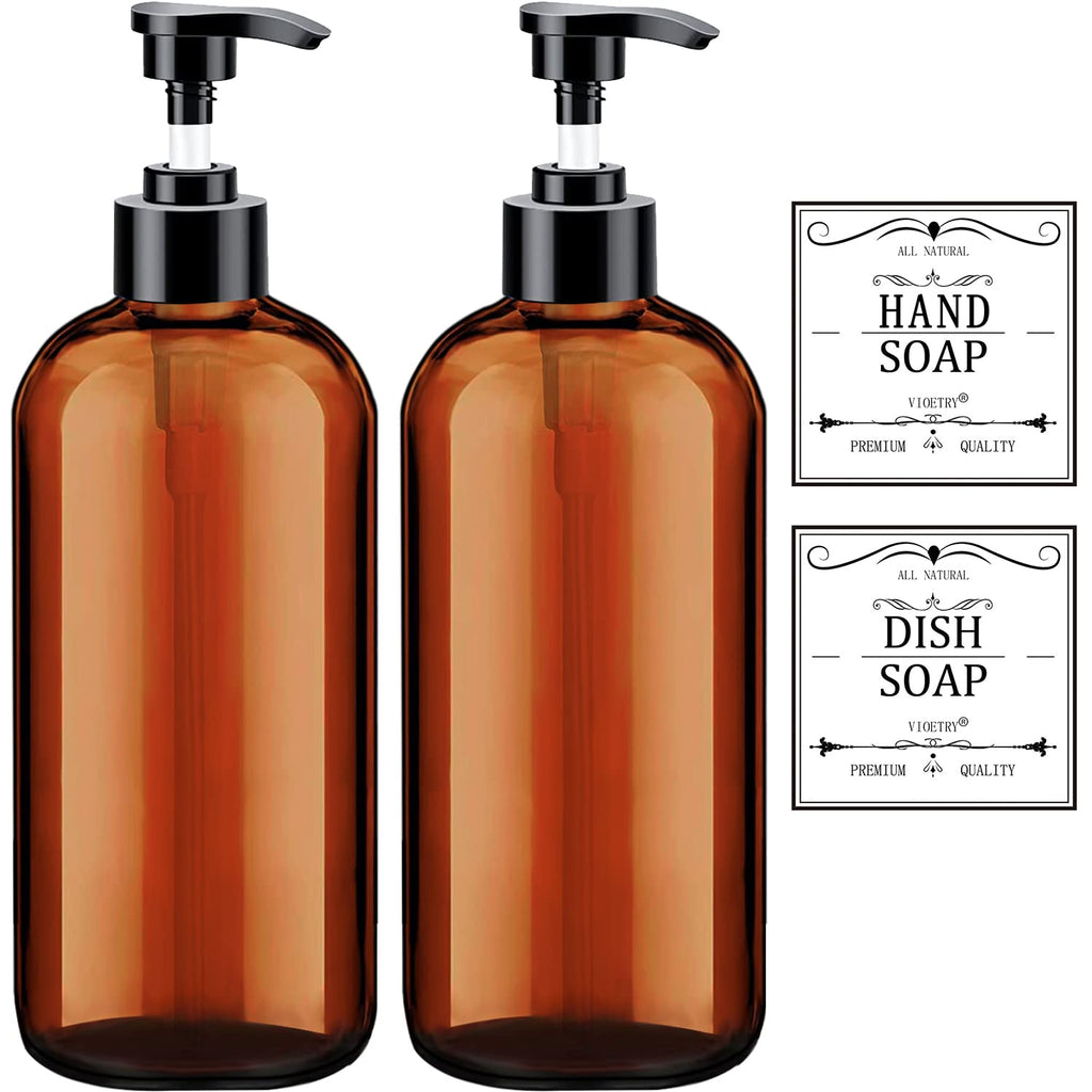Soap Dispenser with Rust Proof Pump, Waterproof Labels (2 Pack,16 Oz) Bathroom, Plastic Hand Dish Soap Dispenser for Kitchen, Premium Thick Soap Pump Bottles (Amber)