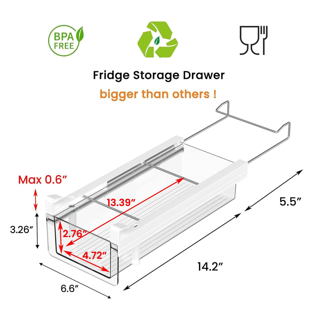 vacane Fridge Organizer Drawer, Clear Plastic Fridge Organizer Bins, Add on Refrigerator Drawer,Fridge Storage Container Under Shelf Holder for Fruit, Vegetable, Meat, Cheese, Easy to Install-M