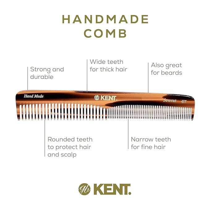 Kent 6T-6T G Fine Tooth and Wide Tooth Hair Comb, Handmade Styling Comb for Hair Care, Barber Combs, Beard Combs For Men, Styling Grooming for Men, Women and Kids