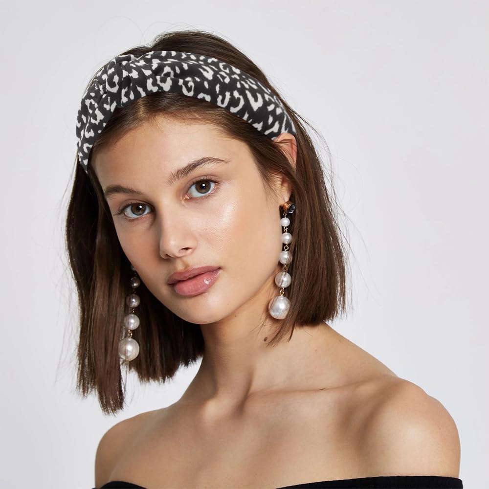 AHONEY 5 Pack Black Knotted Headbands for Women Wide Headbands for Women's Hair Top Knot Non Slip Cute Hair Accessories Leopard Print Diademas Para Mujer (Black)