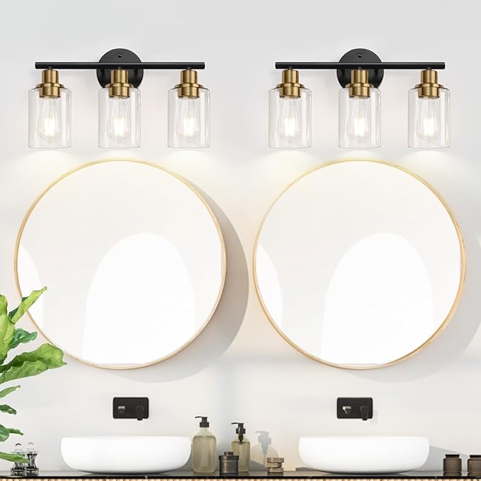 Zarbitta 3-Light Bathroom Light Fixtures, Black and Gold Bathroom Wall Lights, Modern Vanity Light with Clear Glass Shade, Bathroom Wall Lamp for Mirror Kitchen Bedroom Hallway Cabinet
