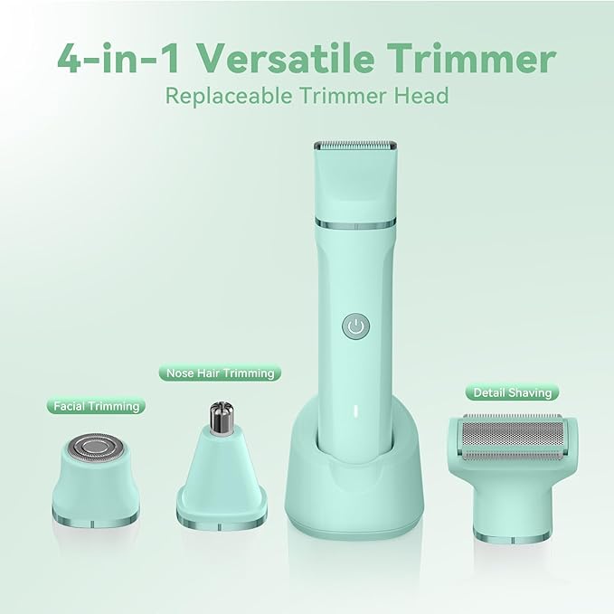 4 in 1 Electric Bikini Trimmer for Women - Wet/Dry Electric Razors for Women, Shaver with Ceramic Blades, Pubic Hair Trimmer, Facial Hair Remover & Nose Trimmer, Gifts (Green)