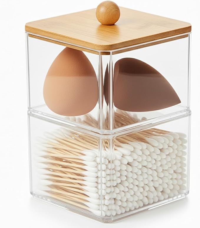 VIPTUVI Cotton Swab Holder with Bamboo Lid, Double Layer Stackable Apothecary Jar for Bathroom Vanity, Cotton Ball Container & Floss Pick Organizer, Dispenser for Hair Tie & Cotton Rounds.
