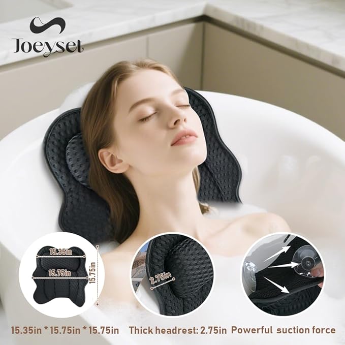 Joeyset Bath Pillow for Tub, 4D Air Mesh Breathable Fabric, Soft Supportive Bathtub Cushion for Head Neck Back, Ergonomic Spa Pillow with Strong Suction Cups, Quick-Drying, Machine Washable (Black)