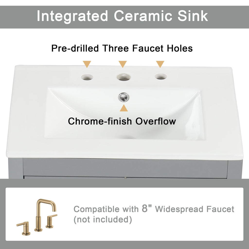 Harper & Bright Designs 24" Bathroom Vanity with Sink, Free Standing Single Basin Vanity Set with Two Drawers and Glass Door, Modern Wooden Bathroom Cabinet with Ceramic Basin for Bathroom, Grey
